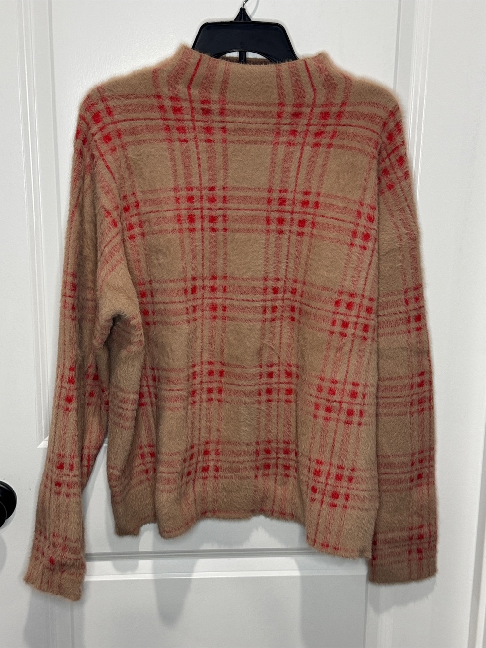Tahari Beige Plaid Cowl/Turtleneck Sweater with Red Windowpane